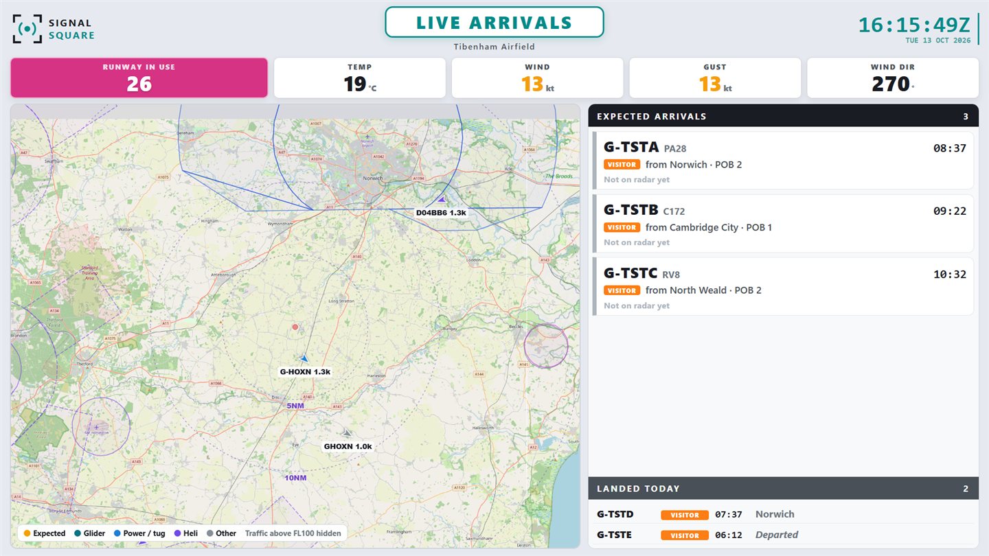 The Signal Square live arrivals board: a map of traffic around the airfield beside the list of expected arrivals and aircraft landed today, with runway, temperature and wind across the top.